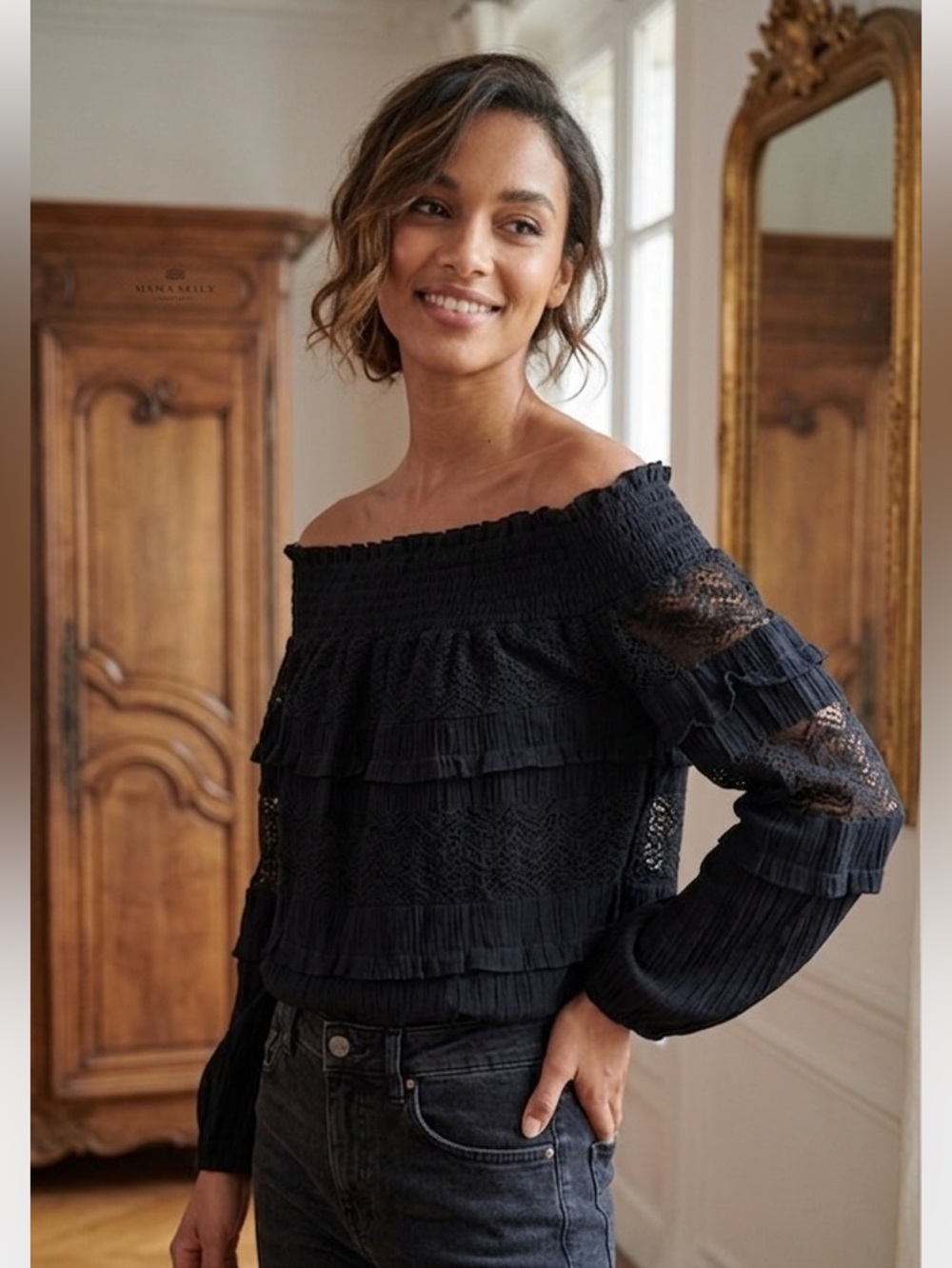 Express black off the shoulder lace sleeve top